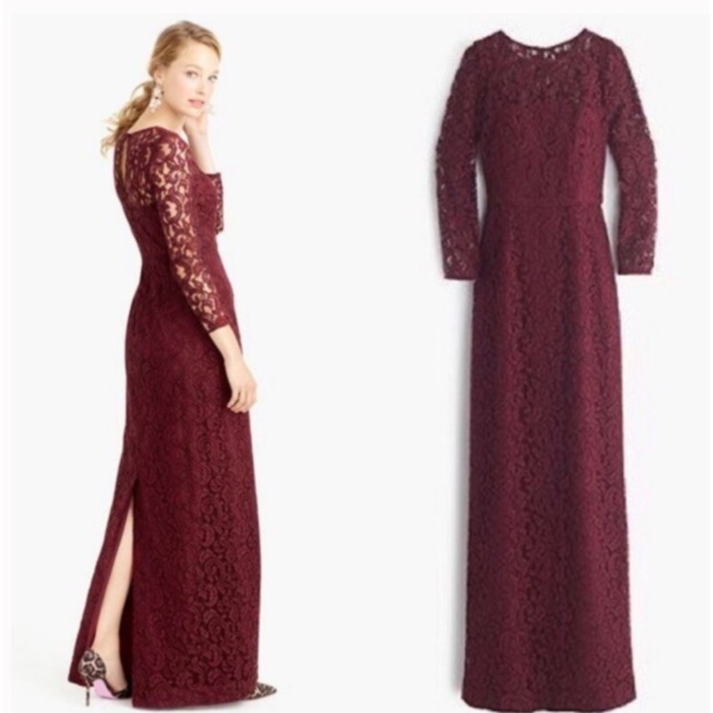 J.Crew Women Maroon Lace Gown Long Sleeve Maxi Dress RD5614 New
